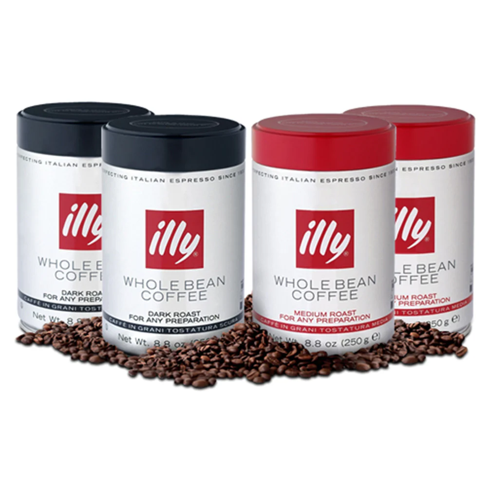 illy Whole Bean Coffee 4-Pack featuring Classico Coffee - Medium Roast and Intenso Coffee - Dark Roast