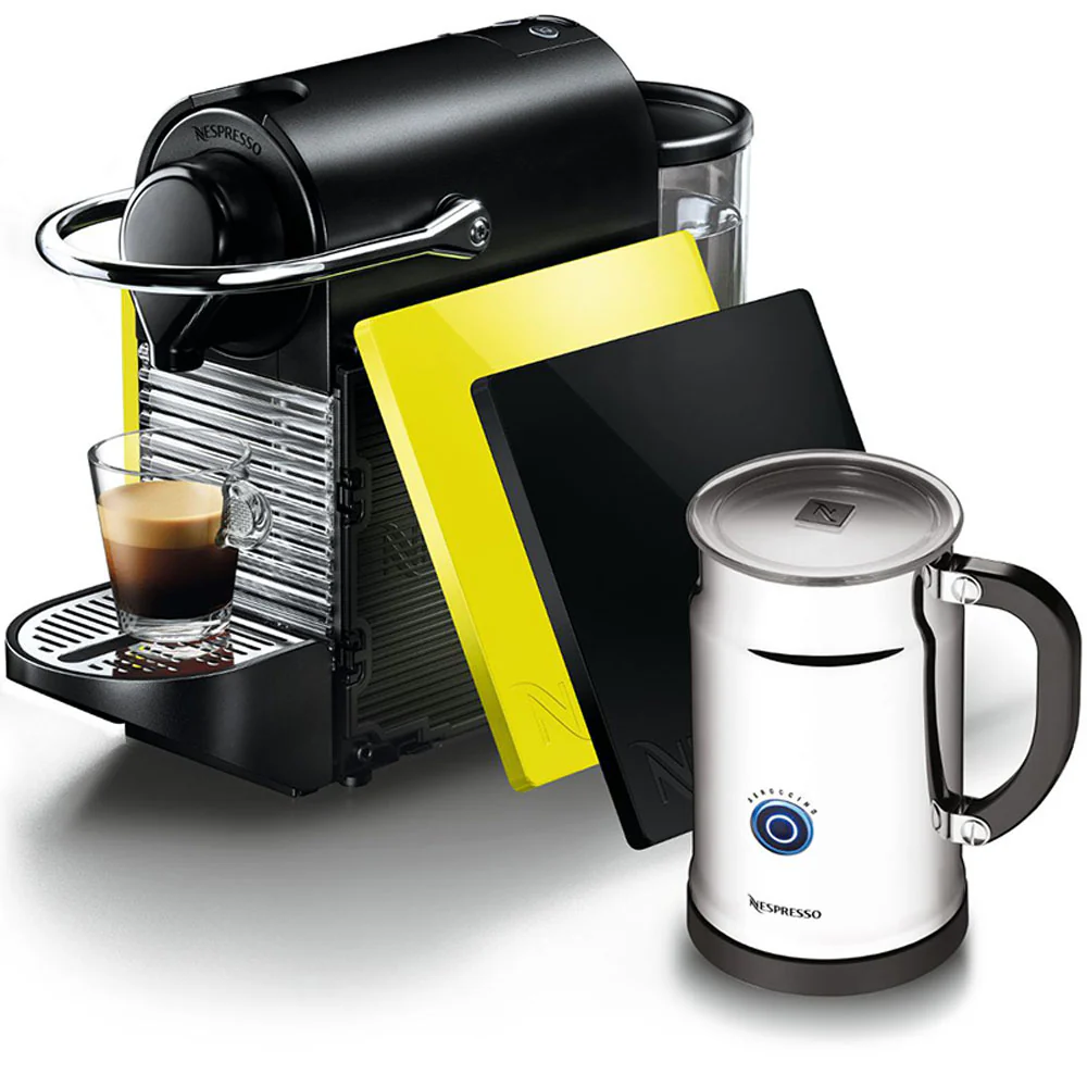 Nespresso Pixie Clips w/Black and Lemon Side Panels & Aeroccino