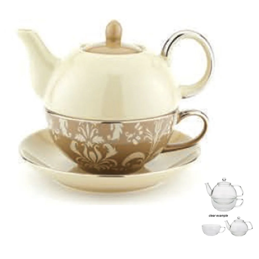 Yedi Nouveau Chic 14 oz Tea for One Pot Cup and Saucer in Beige